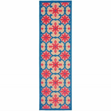HomeRoots 2' X 8' Blue and Beige Oriental Stain Resistant Indoor Outdoor Area Rug