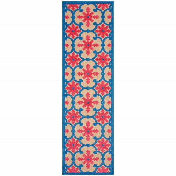 HomeRoots 2' X 8' Blue and Beige Oriental Stain Resistant Indoor Outdoor Area Rug