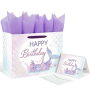 Mermaid Gift Bag PriNst for Girls - Large Happy Gift Bags with Card, Envelope & 3 Purple Tissue Papers - Ocean Themed Party Favors, Under The Sea Wrapping Supplies for Kids, Women