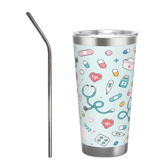 20oz Nurse Medical Theme Tumbler with Handle and Straw Stainless Steel Insulated Travel Coffee Cup Healthcare Worker Gift with Stainless Steel Straw