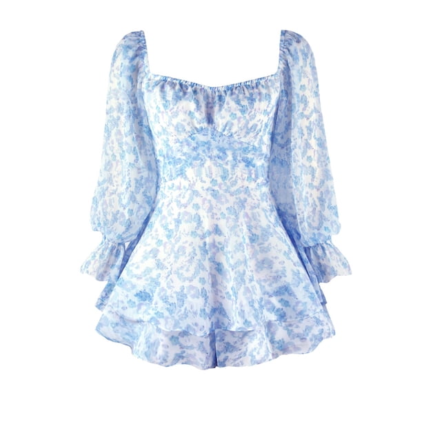 Gibobby Pantalones holgado Pantalones cortos peplum y de manga larga con cuello cuadrado de moda sin espalda sexy floral para mujer(Azul, S)