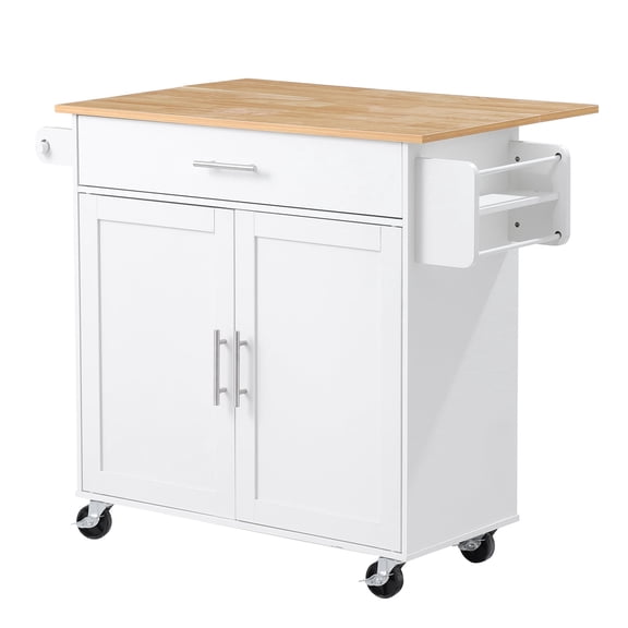 KFFKFF Mobile Kitchen Island Cart with Storage, 42.28 in Wide Rolling Unit on Swivel Wheels, Featuring Drawer, Cabinet, Drop Leaf, Spice Rack, and Table for Home Dining Room, White