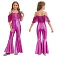 thumbnail image 6 of Raenseen Girls Sparkly Sequins Tassel Pageant Dance Party Jumpsuit Spaghetti Strap High Waist Flared Pants Romper Hot Pink 12, 6 of 7