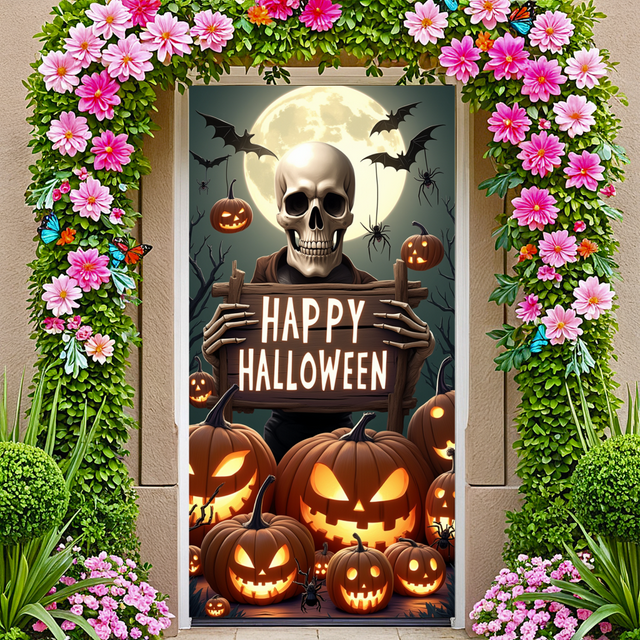 Bannière Décorative d'Halloween Design Effrayant Squelette de Citrouille pour Fête d'Halloween Maison Hantée Déco d'Automne