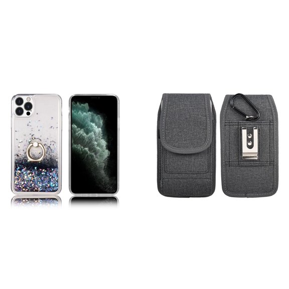 Waterfall Liquid Glitter Stand Case and Belt Holster Pouch for iPhone 14 Pro Max (Black/Gray)