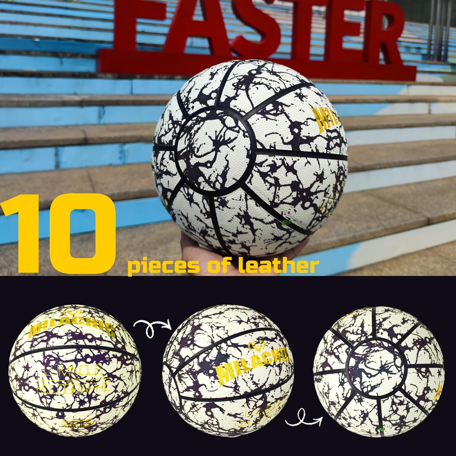 Basketball, Glow in The Dark Holographic Basketball, Official Size 7 Indoor Outdoor Luminous Glowing Leather Basketball 29.5" - with Pump