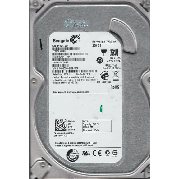 ST3250318AS, 5VY, WU, PN 9SL131-034, FW CC45, Seagate 250GB SATA 3.5 Hard Drive