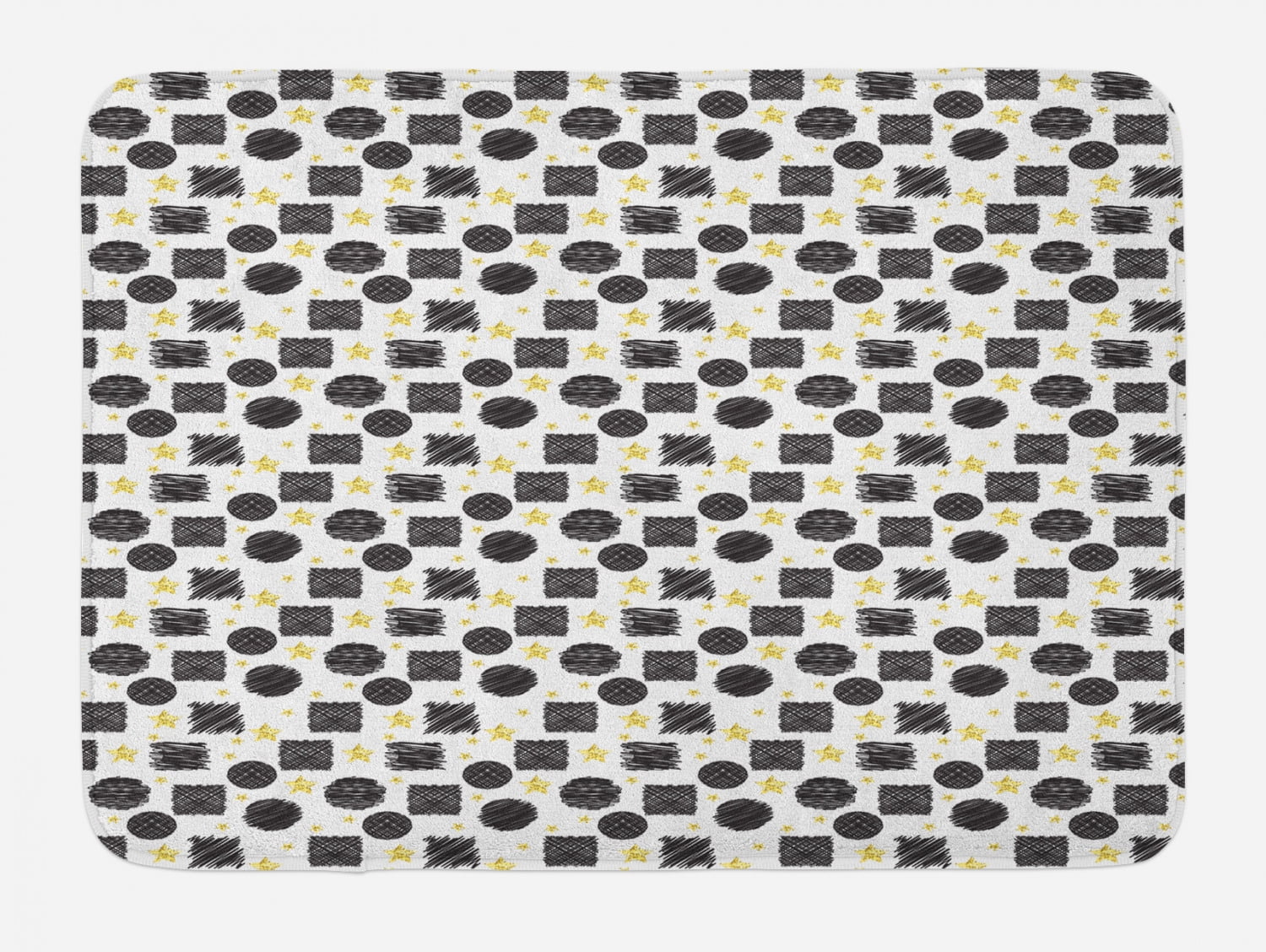 Black and Yellow Bath Mat, Scribble Art Theme with Circles Squares and