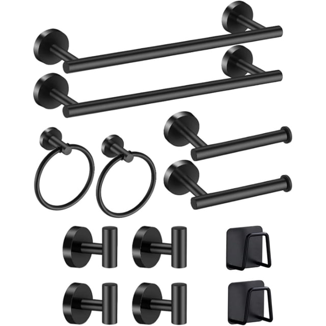 Juego de Accesorios de Baño 12 Piezas, Toalleros de Anillo + Toalleros de Barra + Portarrollos para Papel + Ganchos para Toallas + Soporte para Esponja Adhesivo (Negro)