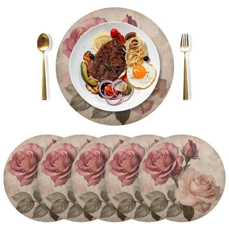 

Qxltty 15inch Round Placemats Set of 6 Polyester Fabric Heat Resistant Washable Table Mat for Kitchen Party Decor Vintage Rose