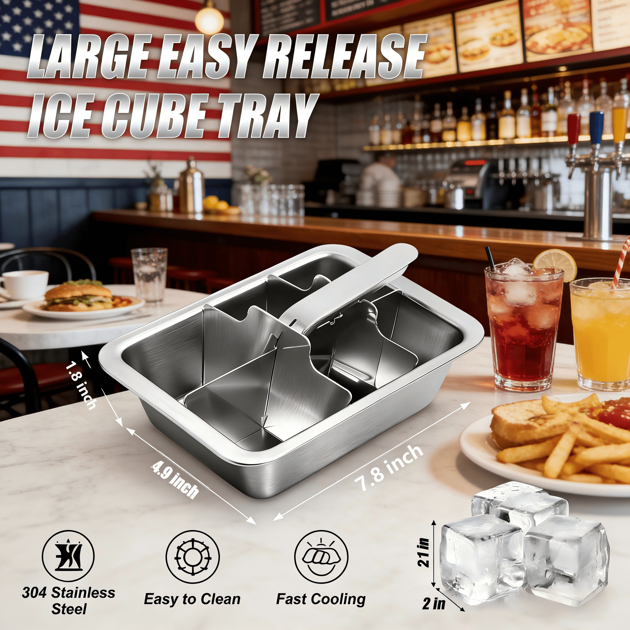 Stainless Steel Large Ice Cube Tray 6 Cube, Lever Type Easy Demold, Dishwasher Safe Kitchen Bar Accessory