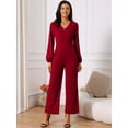 thumbnail image 4 of DARING DIVA Women's V Neck Long Sleeve High Waisted Wide Leg Jumpsuits S Wine Red, 4 of 7