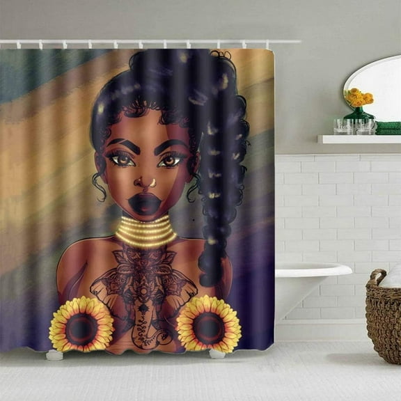 Sexy African Woman with Sunflower Shower Curtain Waterproof Soft Fabric Cloth Bath Curtain,Exotic Afro Girl Bathroom Decor, Girl with Sunflower,with 12 Hooks