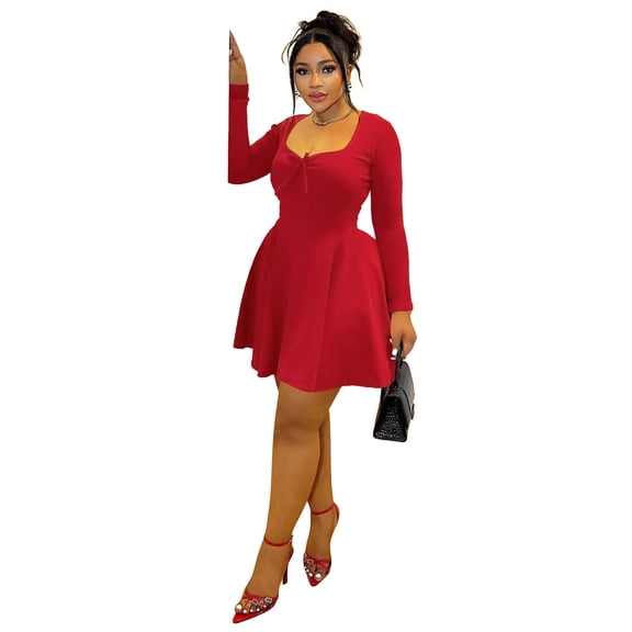 AURA Women Plus Size Long Sleeve Midi Dress High Waist Slim Fit Casual Summer Dress