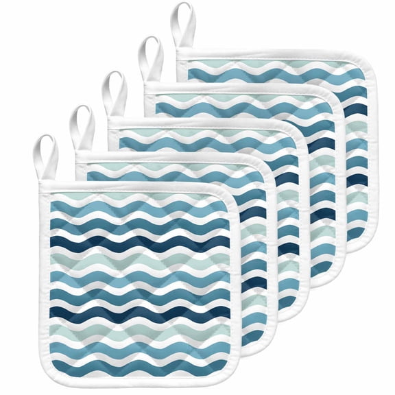 Teal Blue Stripes Ombre Pot Holders for Kitchen Heatproof Potholder, 5 Pack Gradient White Geometric Ocean Wave Hot Pads Multipurpose Oven Pads Cloth Potholders Trivet for Cooking Baking