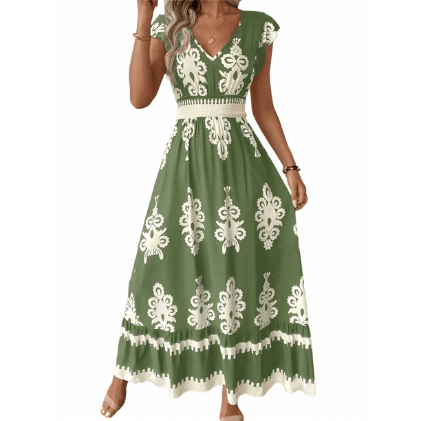 Vestidos de Verano para Mujer 2025, Informales, con Mangas con Volantes, Estilo Bohemio, para Playa, Color Verde , Talla XL