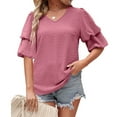thumbnail image 5 of QLEICOM Women's Summer Casual Bubble Sleeve Polka Dot V-Neck Tunic Tops Ruffle Short Sleeve Flowy Blouse T-shirt Tops Pink XXL, US Size:12, 5 of 6