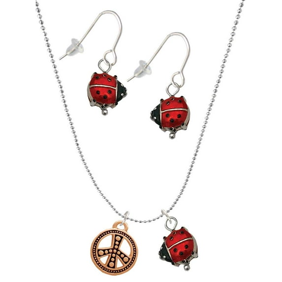 Delight Jewelry Rose Goldtone Beaded Peace Sign Red Lucky Ladybug Necklace and Dangle Earrings Set