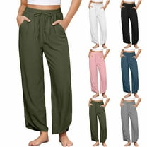 Aboser Cotton Linen Pants for Women Plus Size Wide Leg Lounge Pants Drawstring Elastic Waist Trousers Loose Fit Breathable Long Pants with Pockets