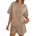 thumbnail image 2 of Short Sleeved 2 Pieces Waffle Knit Set Casual .loose Tops and Shorts Pants Lounge Sets, 2 of 6