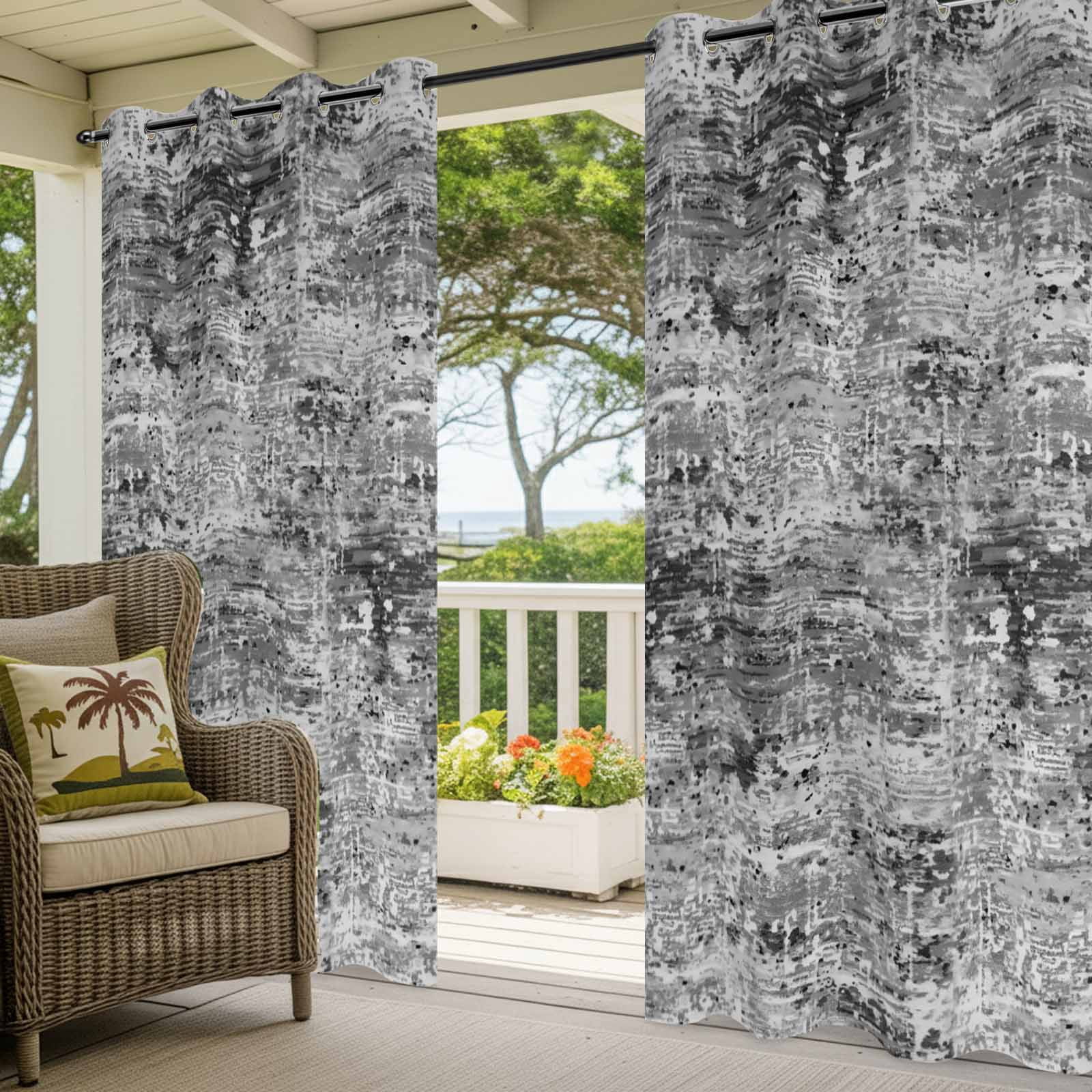 Black Grey Outdoor Curtains for Patio, Abstract Modern Boho Mottled Vintage Sunshade Privacy Drapes Grommet Waterproof Outside Curtains for Porch/Cabana/Balcony 54"x 108", 1 Panel