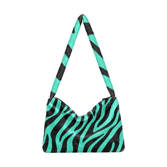DIXRUYEE Mint Green Zebra Print Pattern Print Plush Shoulder Bag Soft Faux Fluffy Hobo Tote Bag With Zipper Closure Casual Lightweight Crossbody Handbag