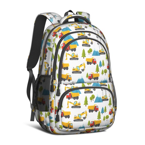 Excavator and Mountain White Pattern Cute School Backpack Bag with Padded Back and Adjustable Shoulder Straps 16.9 X 12.6 X 5.9 Inches