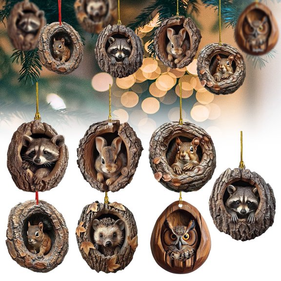 SeekLGT Forest Animal Christmas Ornaments 2D Flat Acrylic Tree Hollow Hanging Pendant Rustic Woodland Animals Tree Decorations for Xmas Holiday Home Party Wall, 1 pc