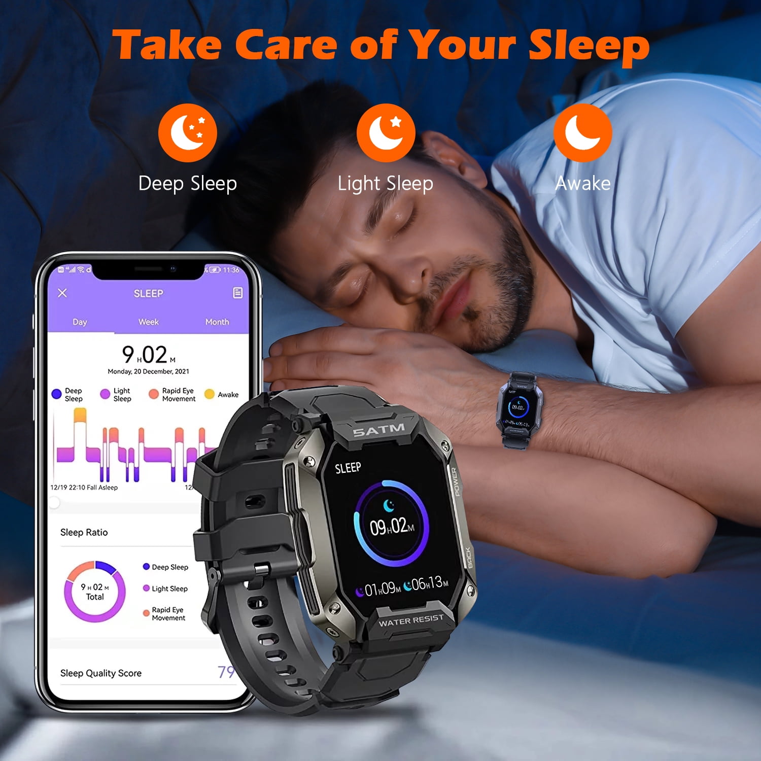 Military Smart Watches for Men, 1.81'' HD Outdoor Sports Rugged Smartwatch Compatible with Android and iPhone, Black