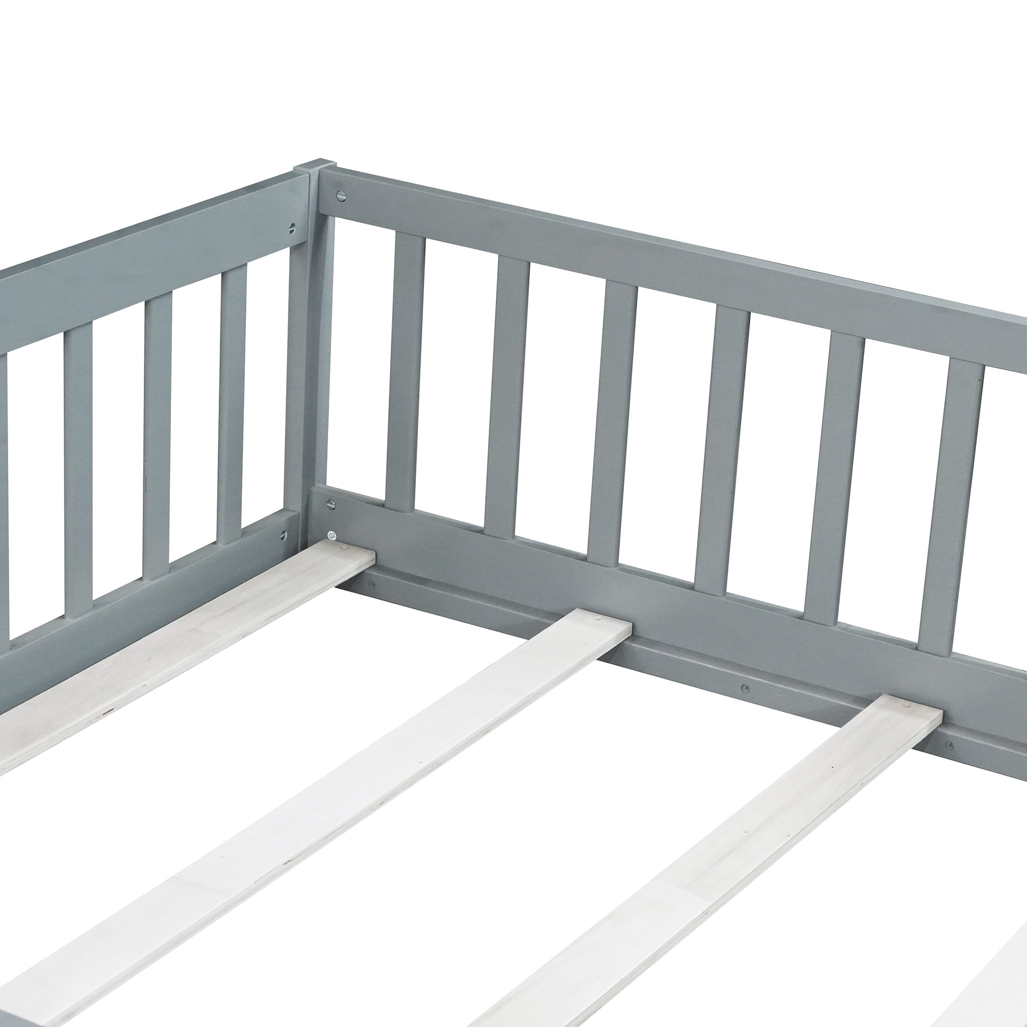 Alvantor Full Size Floor Bed for Toddler, Solid Wood Floor Bed with Door and Fence Guardrail, Montessori Floor Bed for Boys, Girls, Gray