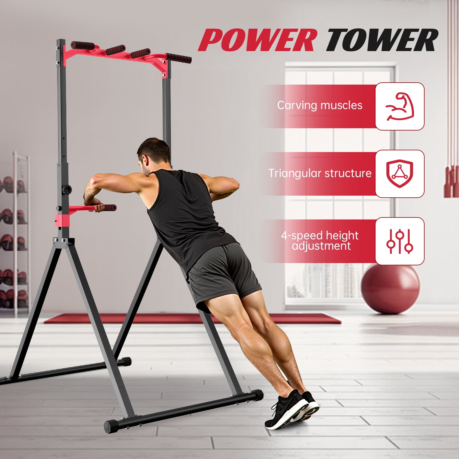 Primy 350lbs Foldable Pull Up Station, Pull Up Bar for Home Gym Workout, Free-Standing Dip Station Power Tower Strength Training Fitness Equipment