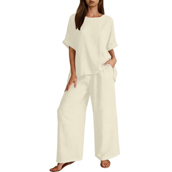 Ahabrexf Summer 2 Pc Sets for Women Solid Color Short Sleeve Top and Long Pants Blend Casual Outfit