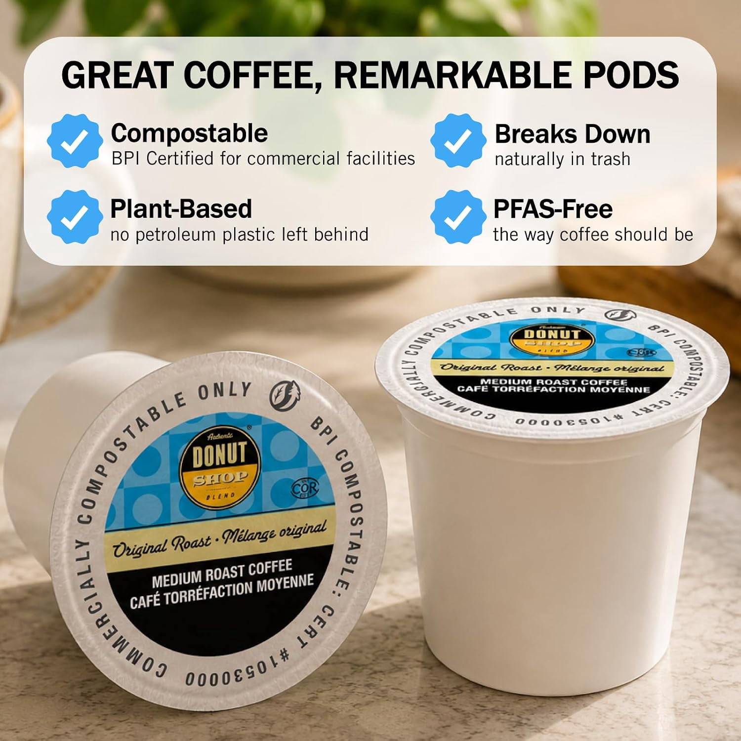 Authentic Donut Shop Original Roast, Compostable Coffee Pods - Medium Roast, K-Cup Compatible, 80 Count