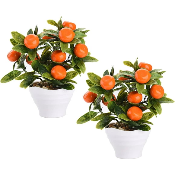 2 Pcs 7.8 Inch Tall Artificial Orange Tree in Pot, Artificial Bonsai Potted Plant Mini Fruit Tree, Artificial Fruit Tree Potted for Home Party Wedding Desktop Decoration, Orange,red