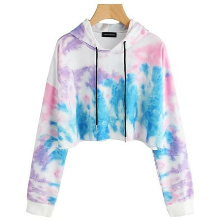 Bare Midriff Top - Fancyleo Women New Fashion Tie-Dye Printing Crop Top Hoodie Long Sleeve Drawstring Pullover Hoodie Bare Midriff Sweatshirt
