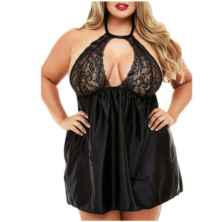 50% OFF Valentines Day!TMOYZQ Women Plus Size Lace Satin Babydoll Lingerie Halter Deep V Mini Teddy Chemise Sleepwear Nightgown Wedding Nightie Bridal Nightdress