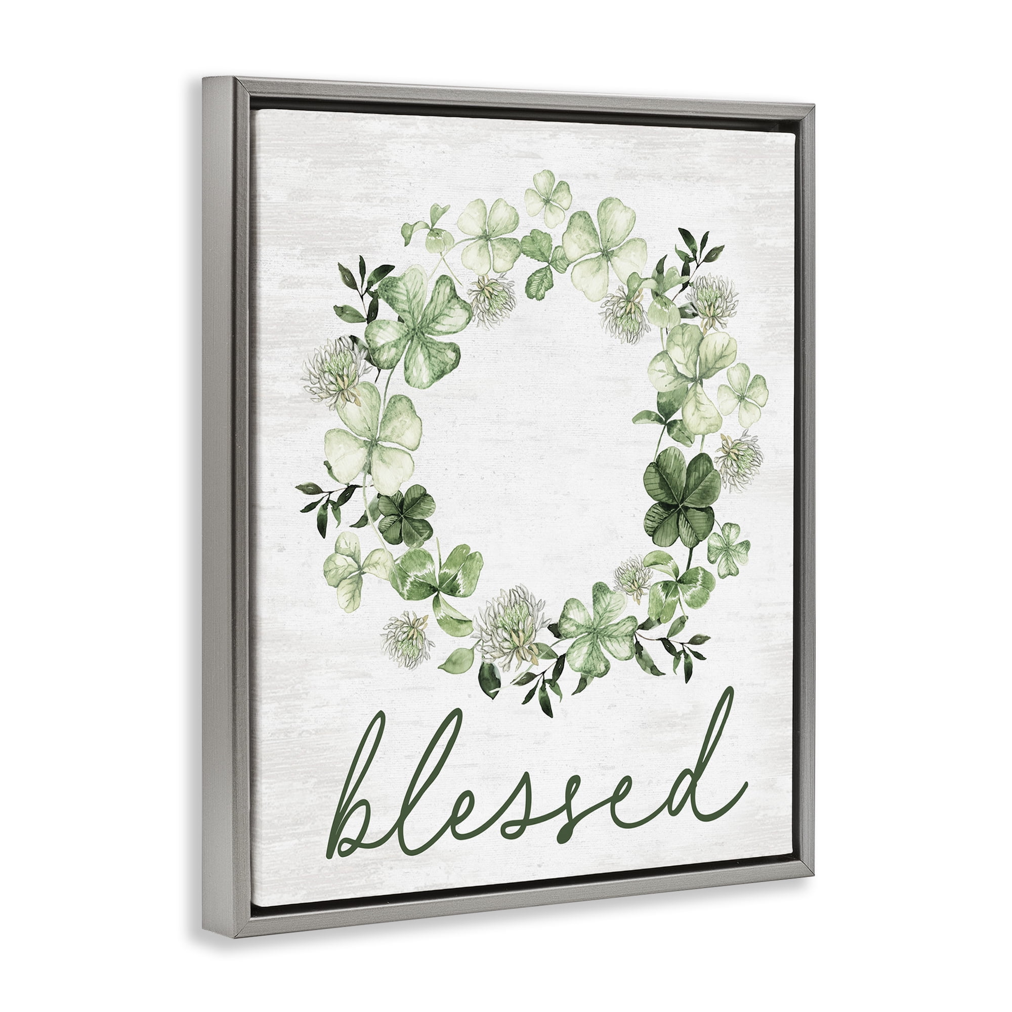 Stupell Industries Blessed Clover Wreath Botanical & Floral Painting Gray Floater Framed Canvas Art Print Wall Art, 25 x 31