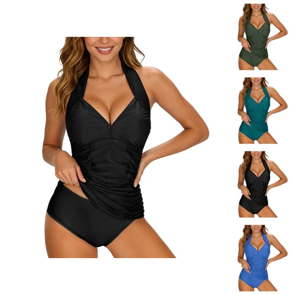 Tankini Swimsuits for Women 2 Piece Halter V Neck Tankini Top High Waisted Swim Bottom Bathing Suit Swimwear