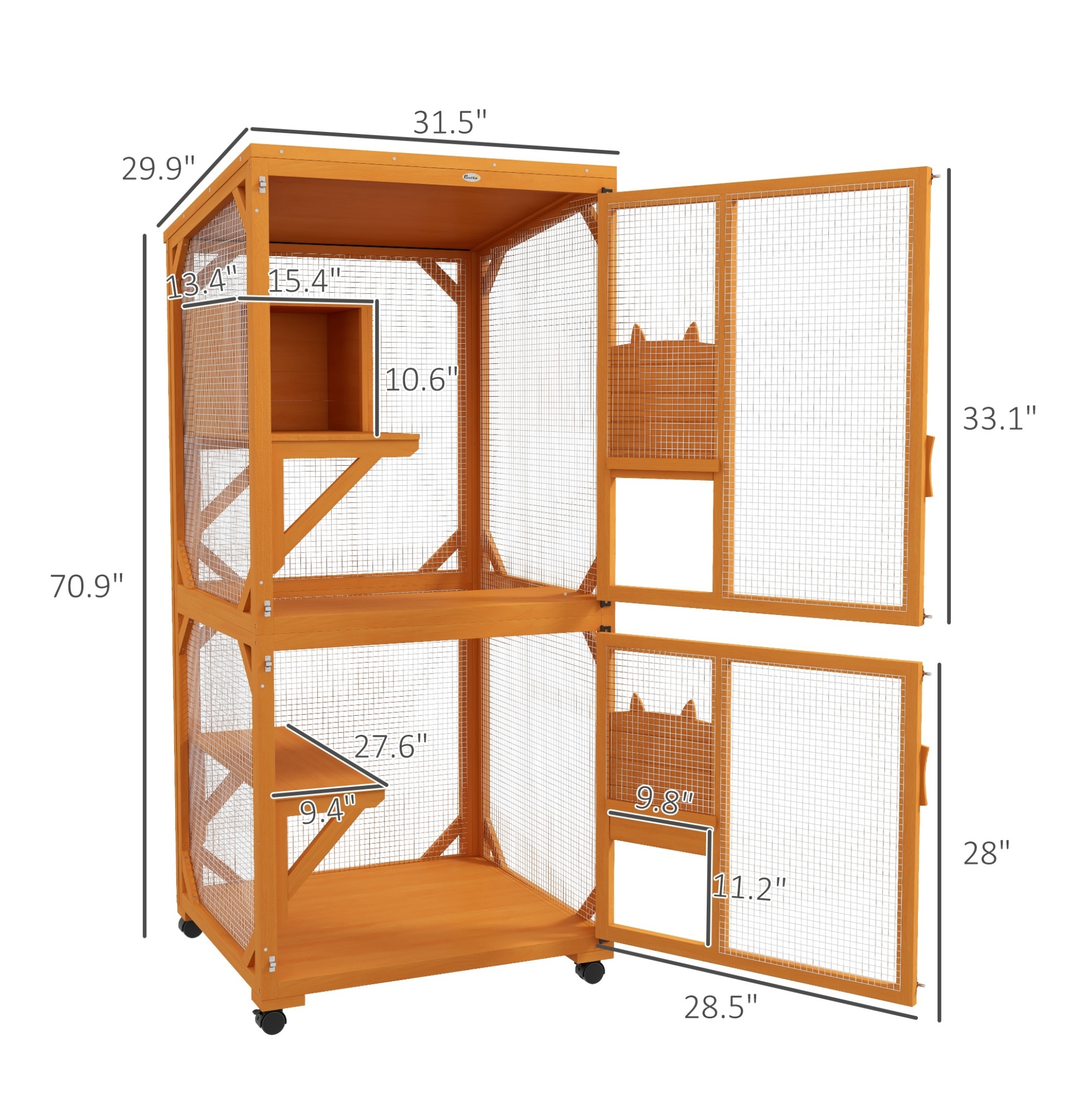 Cat House Outdoor Indoor, 71" Wooden Catio Enclosure, Large Cat Condo with Asphalt Roof & Wheels, for 1-3 Cats - Orange