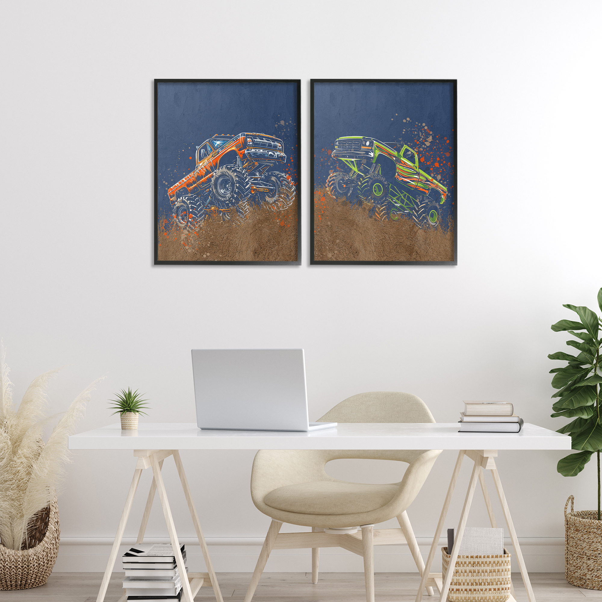 Monster Truck Jam 2 Piece Black Framed Giclee Art Set, design by Kim Allen