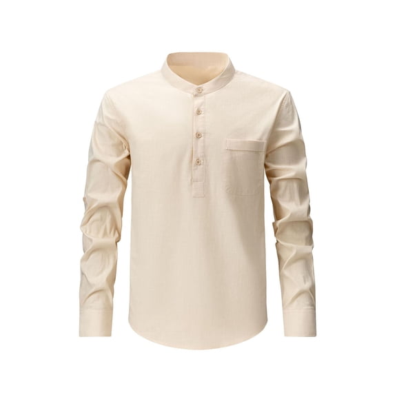 Wdfiry Men's Long Sleeve Tshirts Solid Color Stand Collar Fall Tops Cotton Plus Size Button Open Front Shirts