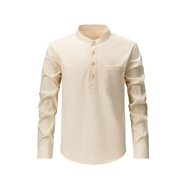 Blusa y camisa de manga larga con cuello alto para hombre, informal, de color liso, con cuello alto, manga larga, bolsillo con medio botón, blusa de poliéster para hombre