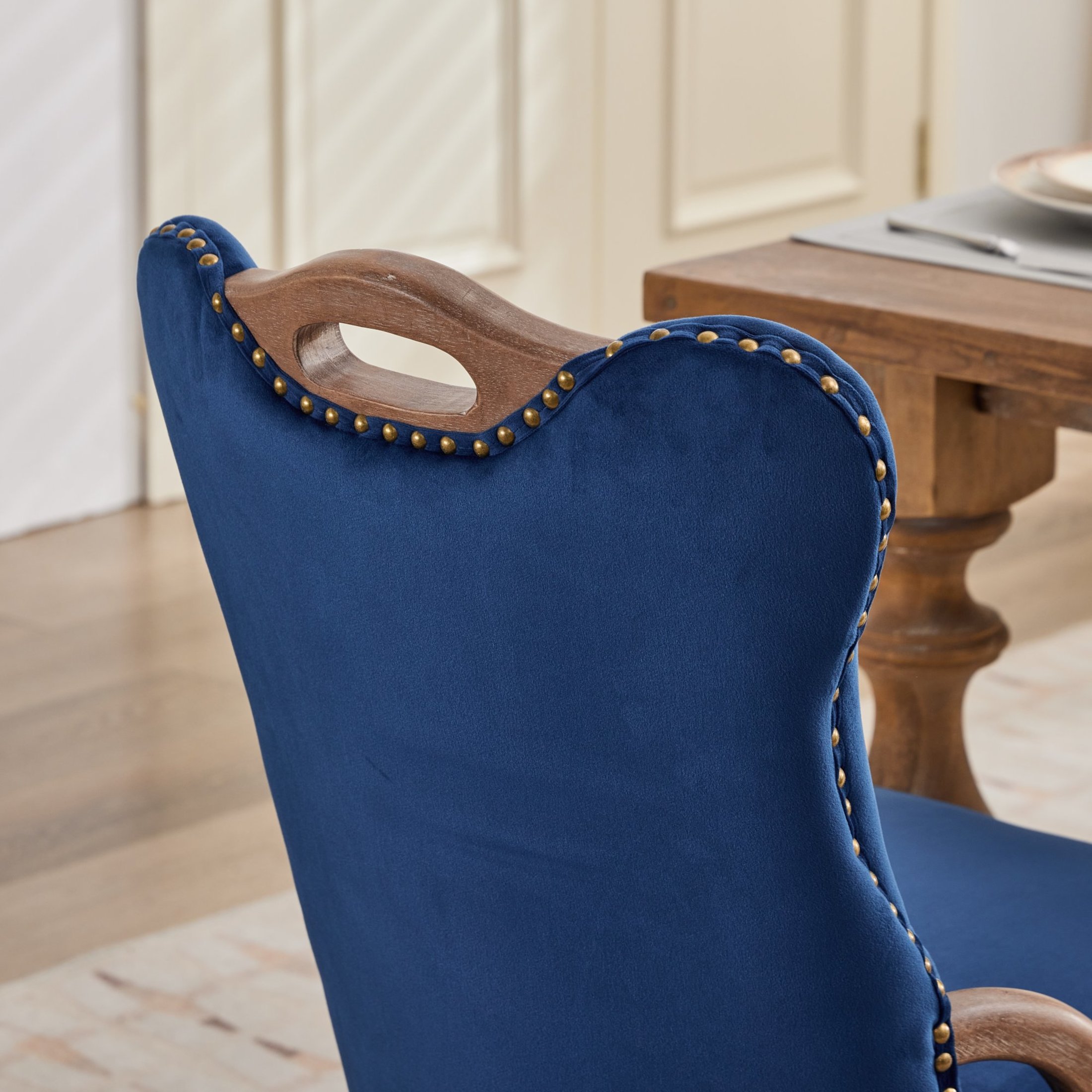 GDF Studio Set of 2 Dining Chairs with Tufted Velvet Upholstery, Copper Nailhead Trim, Blue