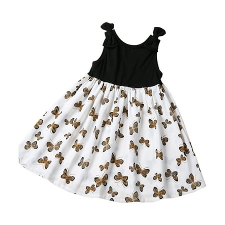 

WenaZao Color Block Sleeveless Butterfly Print Round Neck Dress with Bowknot