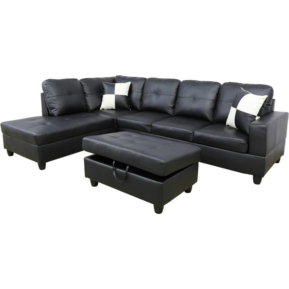 Star Home Living Genesis Sectional Sofa with Ottoman L-Shape-PU Leather, Left Facing, Ultimate Black