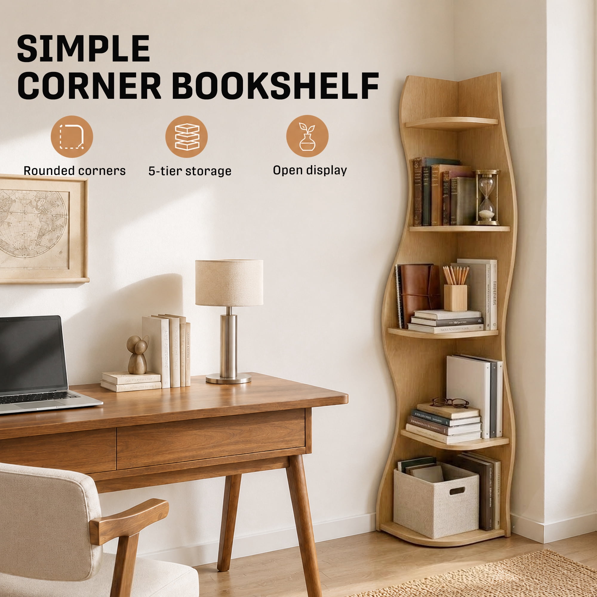 5-Tier Corner Shelf S-Shaped with Curved Modern Design, Freestanding Display Rack and Bookshelf Plant Stand for Living Room Bedroom Bathroom, Natural Wood