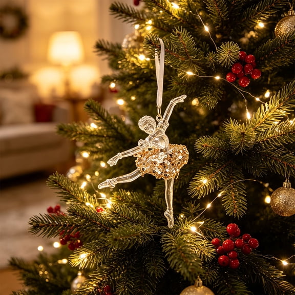 Transparent Ballerina Hanging Ornament, Gold Sequin Tutu Pendant, Sparkle Figurine Hanging Decoration for Xmas Tree Wall Window Home Holiday Decor