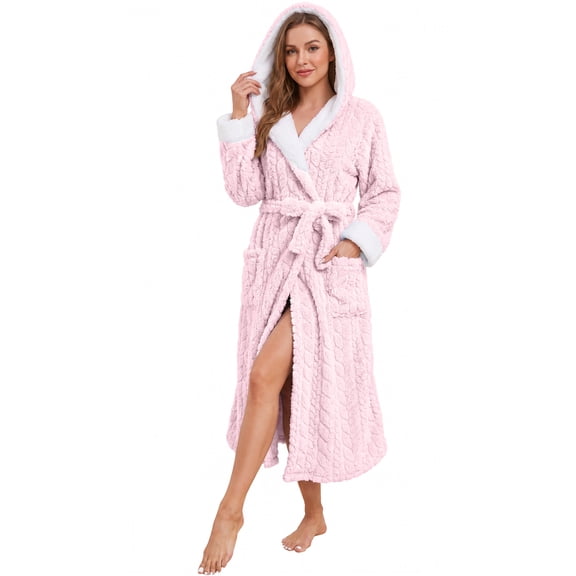 HEARTNICE Womens Plush Hooded Robe, Soft Fluffy Fleece Long Warm Bathrobes,(Light PinkL-XL)