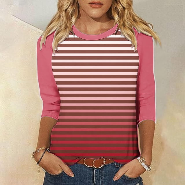 Blouses for Women, Womens 3/4 Sleeved Solid Color Gradient Striped Printed Short Sleeved Round Neck Top