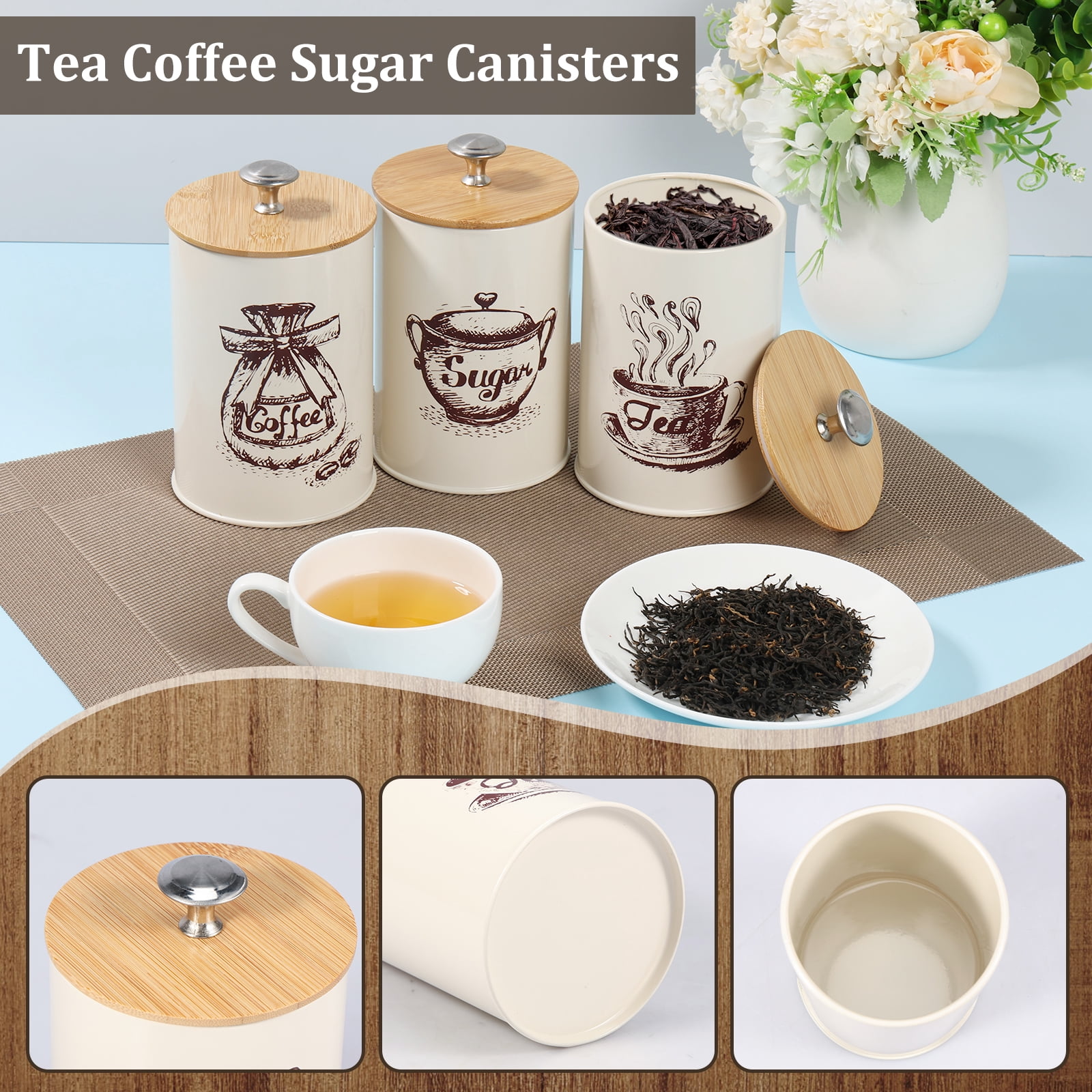 Fkszll 3Pcs Food Storage Canister Set, Airtight Vintage Coffee Sugar Canisters Set, Coffee Sugar Tea Storage Container Jar with Wooden Lid for Kitchen, 25 oz